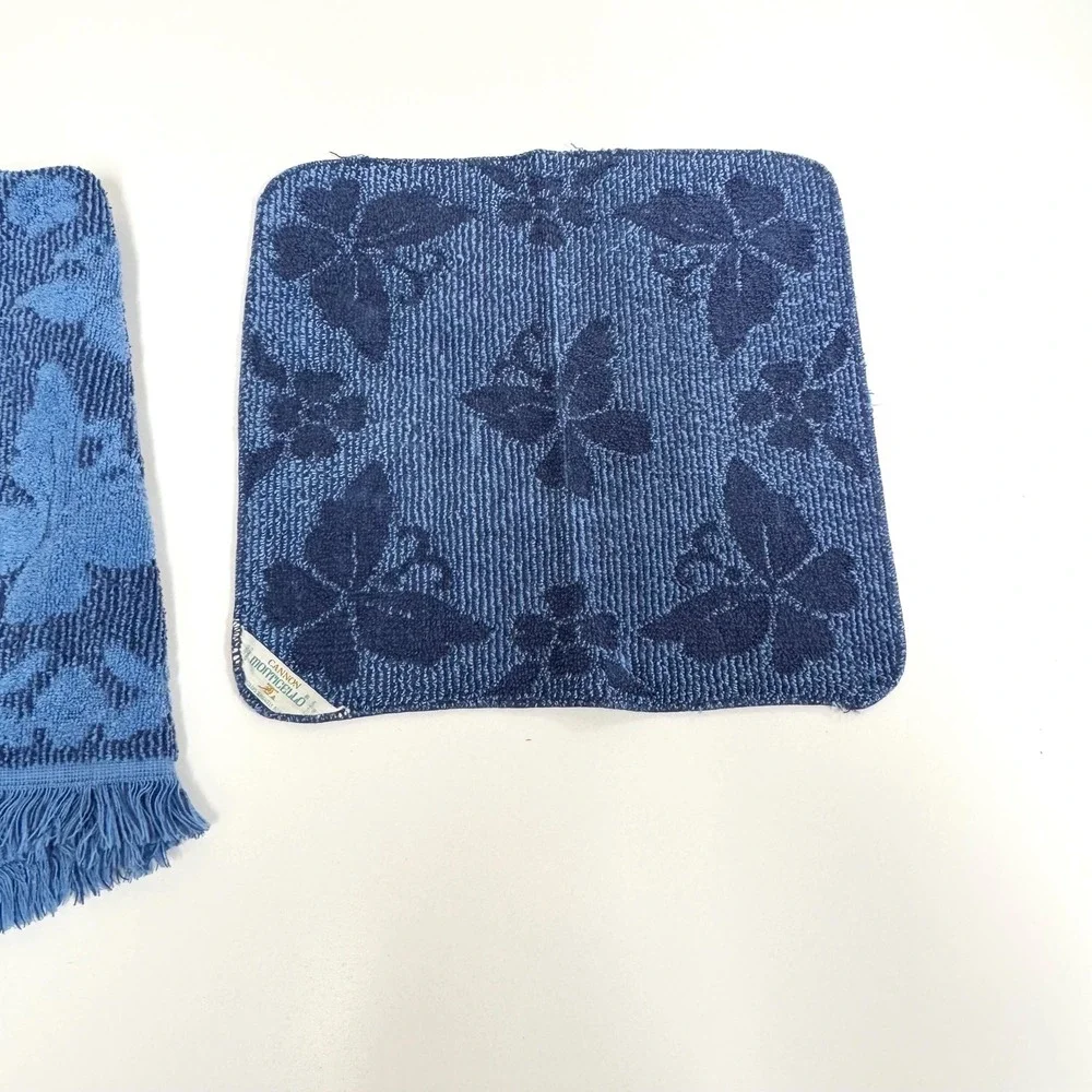 Vtg Cannon blue jacquard towel set raised butterfly floral pattern fringe trim